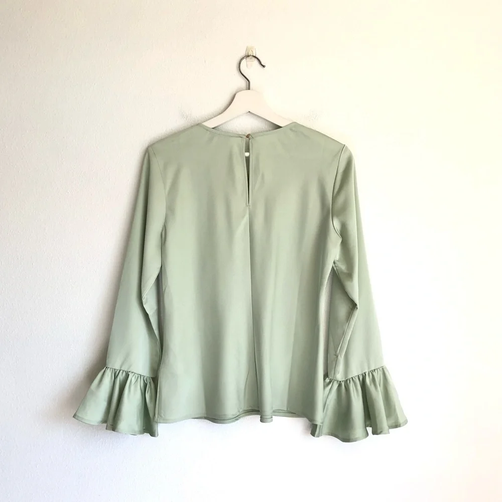 NWT J. Crew Light Green Satin Trumpet Long Sleeve Blouse Top Size Small